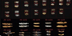 Some examples of options for fuchi, kashira, and menuki. Image from www.ryansowrd.com.