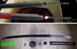 The top image shows a spot-welded tang which can easily break and allow the blade to fly off. The bottom shows a proper "full tang" in which a single piece of metal extends into the handle of the sword.