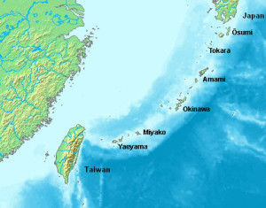 Figure 1. The Ryukyu Islands, an archipelago consisting of more than 100 small islands located between Japan and Taiwan of the coast of China. The largest island in the chain, Okinawa, is the original home of karate.  