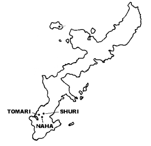 Figure 2. The island of Okinawa, showing the towns in which regional versions of the indigenous martial art known as “Te” developed. These became known as Naha-te, Shur-te, and Tomari-te. Goju-ryu is a descendant of Naha-te. 